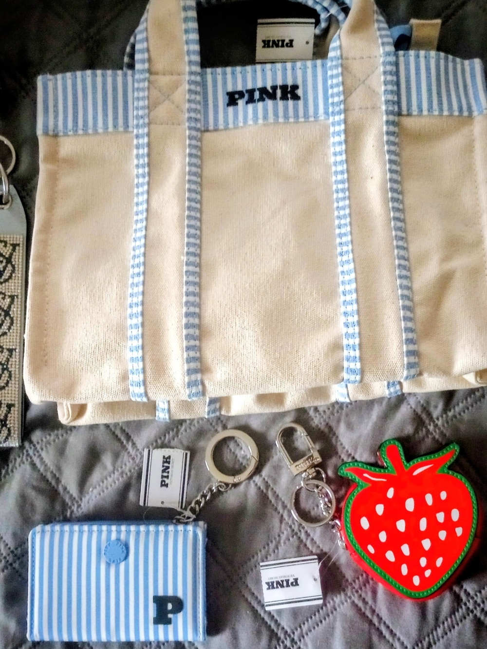 Victoria Secret Tote, Card Wallet, Key Chain, and Strawberry Coin Purse.